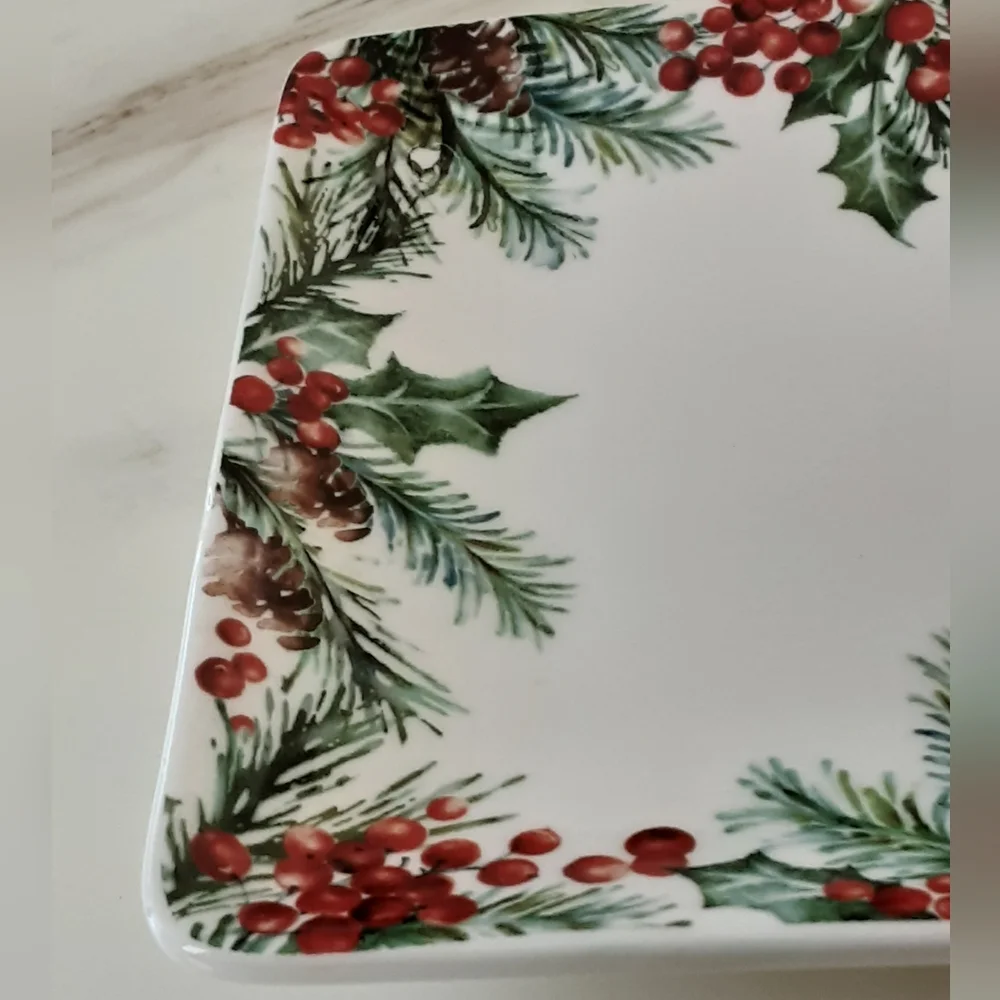 Pier 1 Imports Ironstone Holly Berries Christmas Rectangle Serving Tray Platter